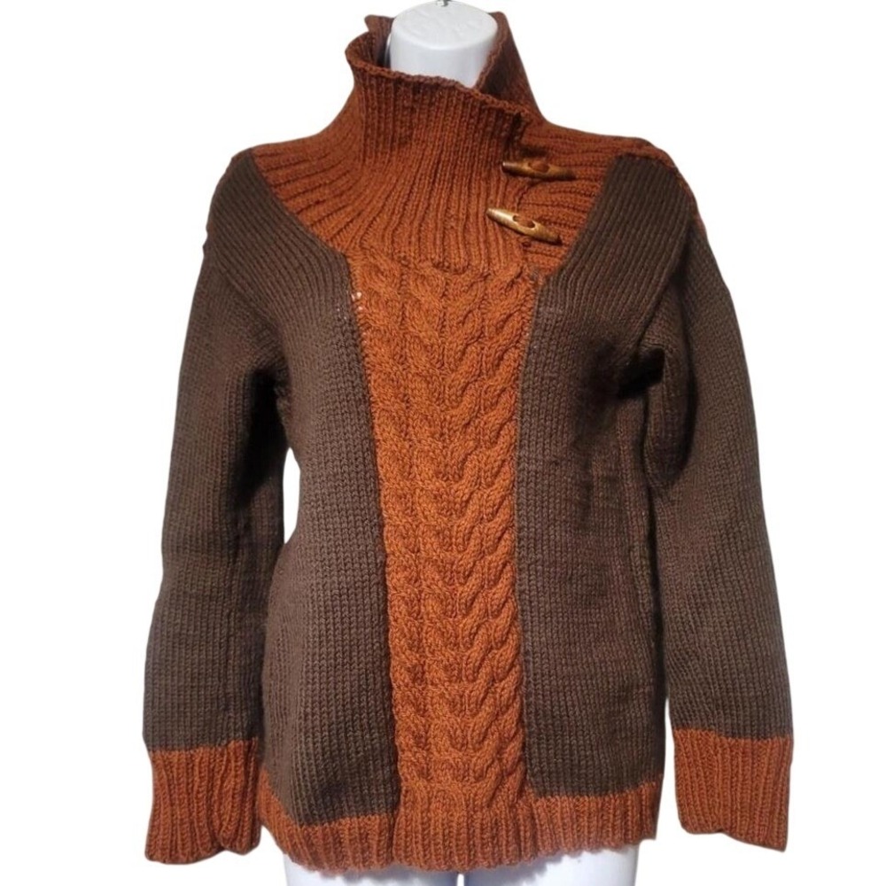 Vintage Style Two Tone Brown Rust Cable Knit Toggle Mock Neck Sweater Sz Med‎